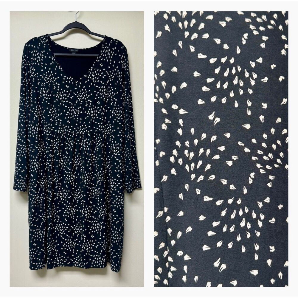 J. JILL Wearever Collection Black With White Leaf Print Long Sleeve Dress, Sz L